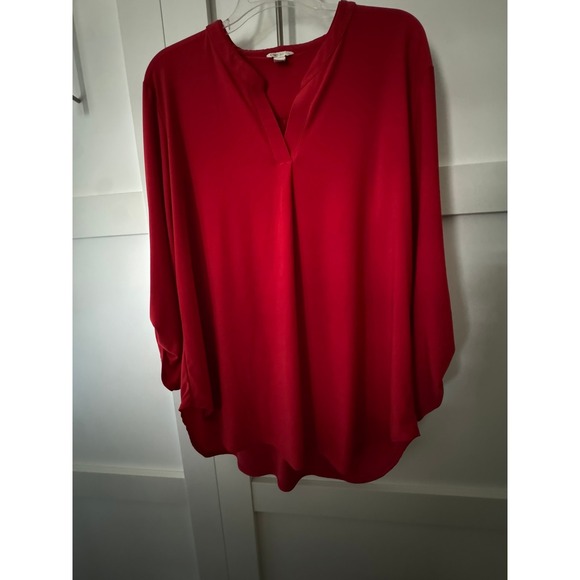 Cato Tops - Cato Red Tunic Blouse XL Split V-Neck Roll Tab 3/4 Sleeve Silver Ring Detail Top
